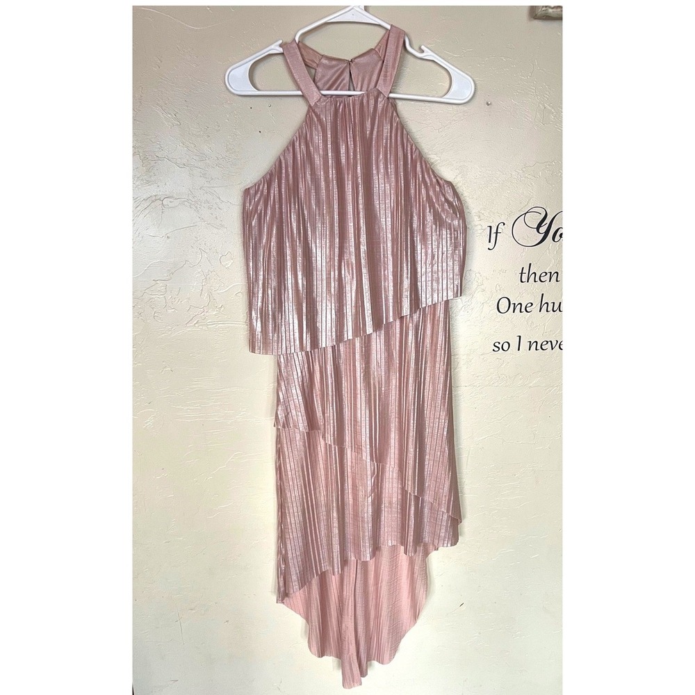 Laundry by Shelli Pink Metallic Pleated statement Halter High Low elegant formal